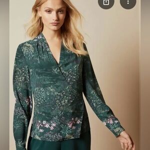 Ted Baker deep green floral “Thessie” wrap top. Size 2